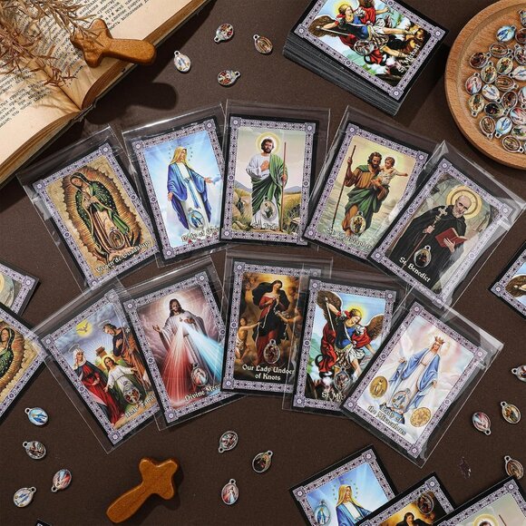 Catholic Prayer Cards Set with Medals Charms Religious Gifts for Women Men - Picture 2 of 6
